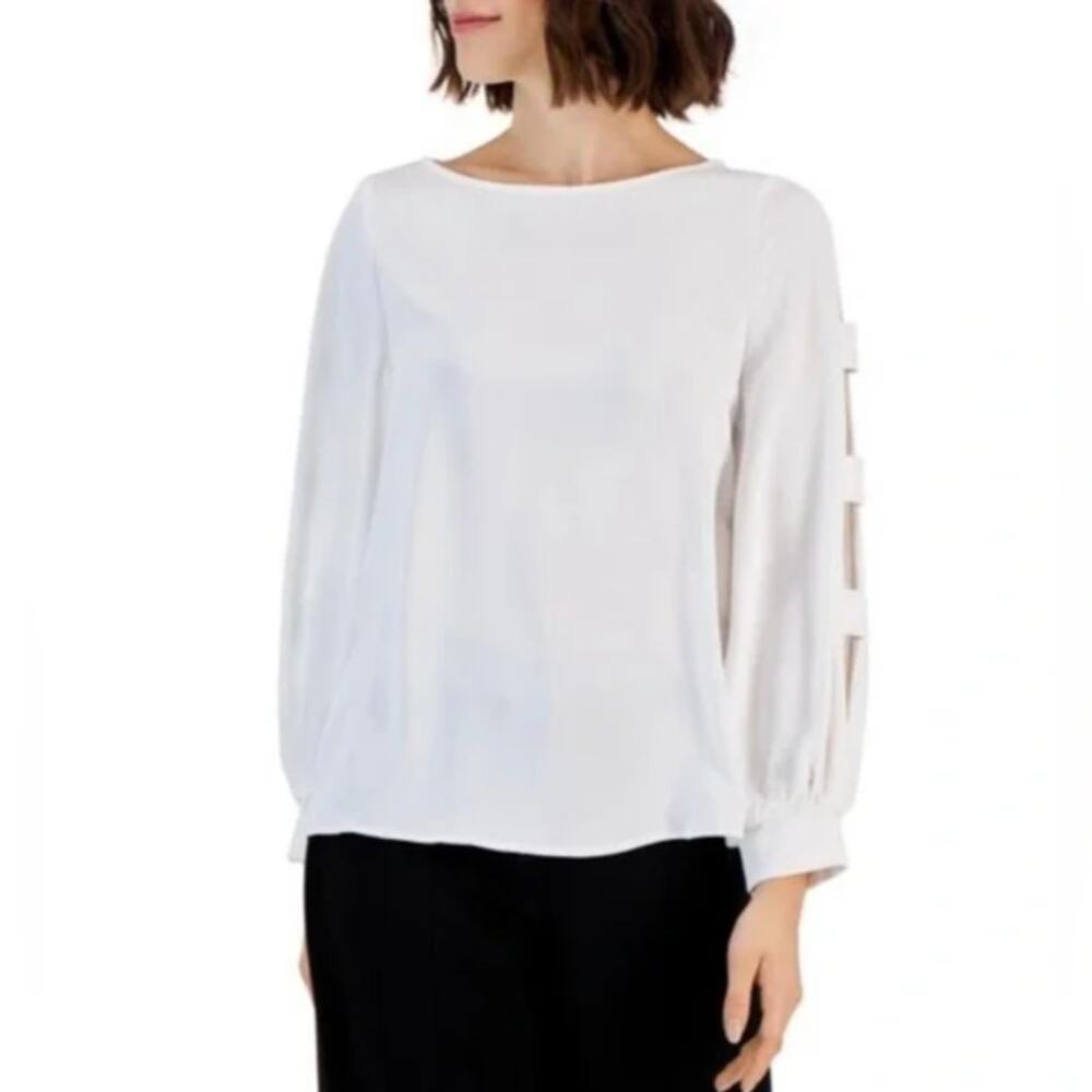 T Tahari Boat Neck Blouse Top Office Minimalist Casual Elevated Preppy Career S